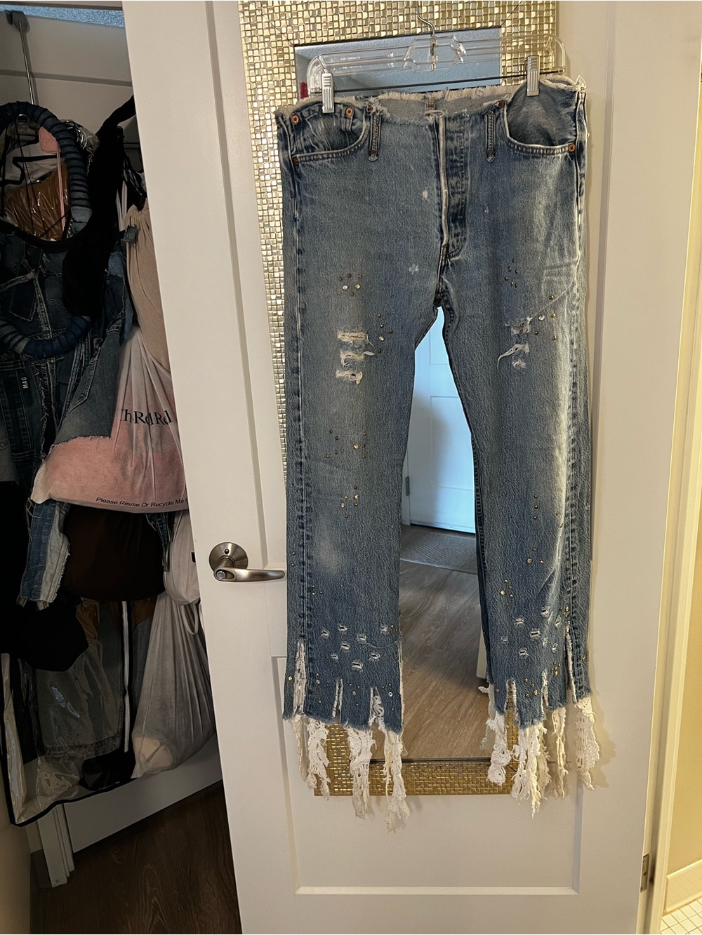 Washed Blue Distressed Fringe Hem Women’s Jeans